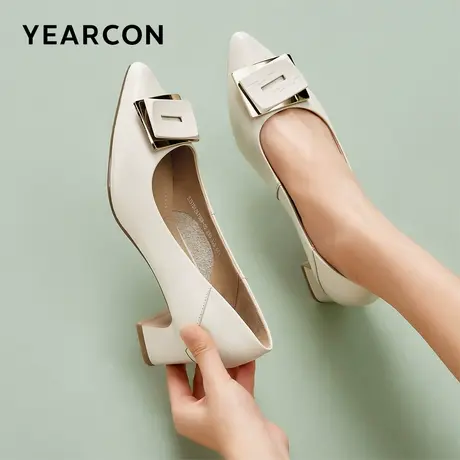 意尔康女鞋春秋季皮鞋粗跟中跟方扣单鞋女士尖头通勤职业工作鞋图片