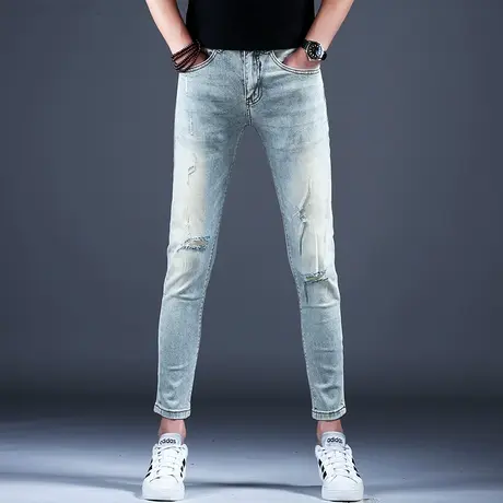 男士春秋新款破洞九分牛仔裤男款弹力修身小脚裤子潮流潮牌休闲裤商品大图