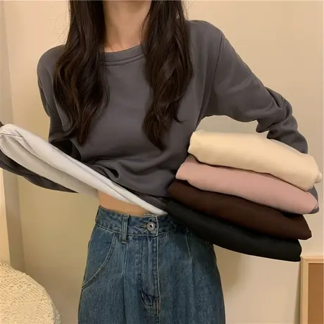 加绒加厚圆领打底衫女秋冬内搭显瘦修身洋气长袖t恤上衣2022新款商品大图