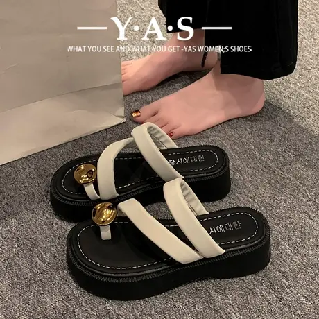 小众金属套趾拖鞋女夏季外穿2024新款厚底夹脚海边度假沙滩凉拖鞋商品大图