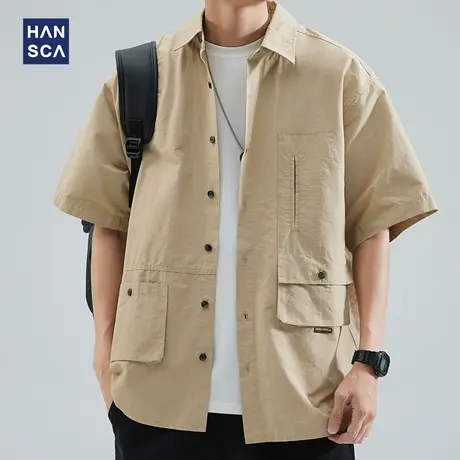hansca冰丝短袖衬衫男大码夏季薄款潮牌日系休闲翻领工装衬衣外套商品大图