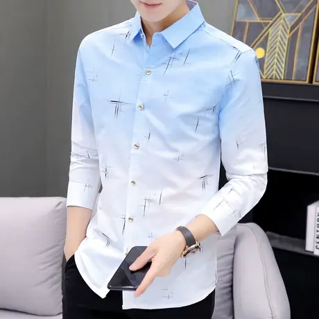 潮牌秋款设计感男装渐变印花长袖衬衫痞帅气韩版修身拼色薄款衬衣商品大图