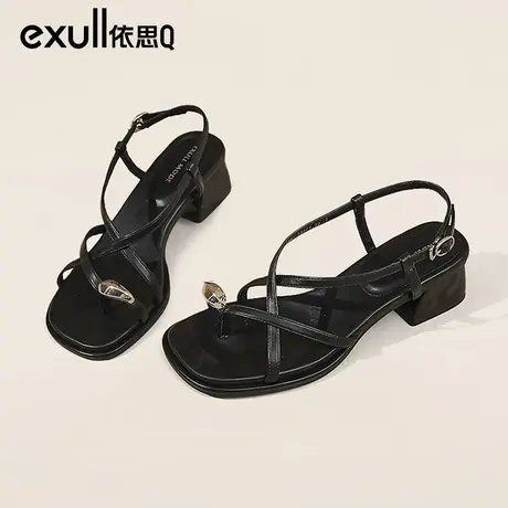 依思q女鞋2024今年夏新款绝美气质夹趾罗马凉鞋黑色外穿凉拖中跟商品大图