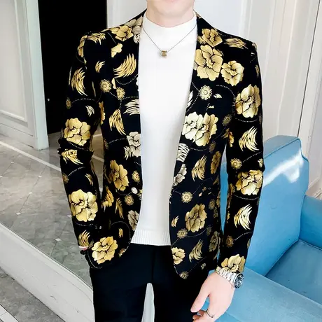 夜场个性烫金花西服男士秋装新款2023韩版社会小伙帅气休闲小西装商品大图
