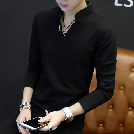 男士t恤长袖V领上衣服小衫 2023春季韩版修身百搭打底衫潮流卫衣图片