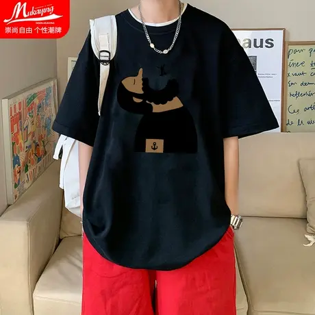 国潮港风高个子潮牌t恤男短袖高级感夏天纯棉穿搭高街圆领情侣装商品大图