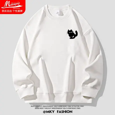 日系设计感小猫印花卫衣男女圆领秋季慵懒风简约宽松大码情侣外套商品大图