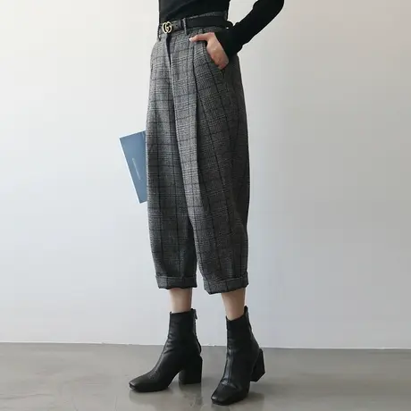 【清仓特价仅79】高腰阔腿裤女哈伦裤格子休闲裤女九分裤K299商品大图