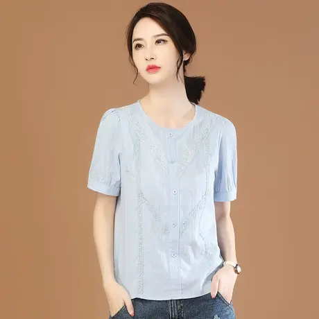 韩潮袭人文艺圆领拼接短袖衬衫女夏季新款上衣设计感气质套头衬衣图片