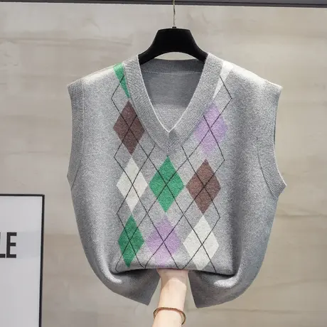 菱格v领针织马甲背心女2023春秋新款宽松外穿马夹细针毛衣坎肩潮商品大图