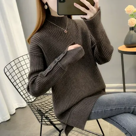 女士中长款半高领毛衣2023年秋冬新款纯色针织衫洋气外穿长袖上衣图片