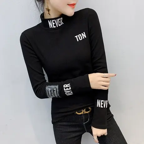 2023春秋新款潮时尚T恤修身小高领上衣内搭加绒加厚打底衫女长袖商品大图