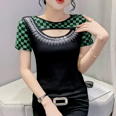 2023夏季新款假两件镂空T恤女短袖性感气质烫钻上衣修身显瘦小衫商品大图