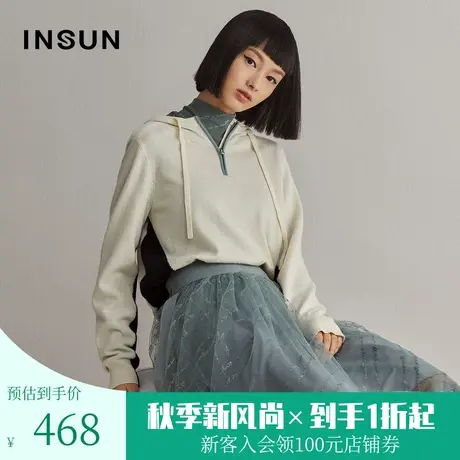 恩裳冬季经典时尚撞色拼接宽松羊毛休闲短款连帽针织衫女图片