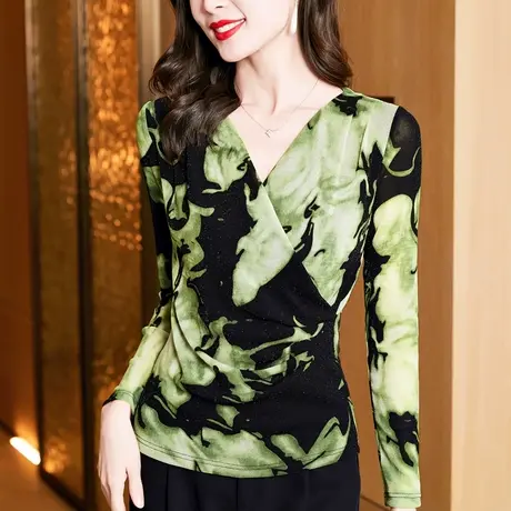 V领亮丝网纱打底衫女春秋新款洋气显瘦纱衣小衫印花长袖上衣薄款商品大图