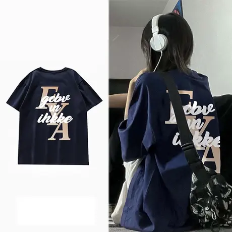 纯棉藏蓝色短袖t恤女夏季2023新款美式复古ins潮牌高级感炸街上衣商品大图