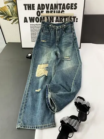 水洗磨破调节扣宽松阔腿裤女2023夏季新款显瘦百搭舒适直筒长裤潮商品大图