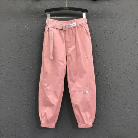 粉色薄款减龄休闲工装裤女夏2023新款松紧高腰宽松九分束脚直筒裤商品大图