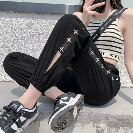 白色运动裤女夏薄款冰丝速干休闲裤2023小个子哈伦抽绳宽松束脚裤商品大图