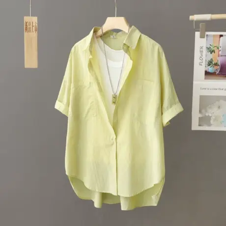 浅绿色纯棉衬衫外套女夏短袖开衫宽松中长款夏季2023新款衬衣上衣图片