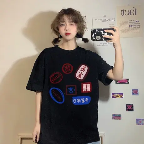 2023年春季韩版ins超火印花宽松短袖t恤洋气打底衫黑色上衣新款女图片