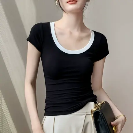 莫代尔短袖T恤女2023夏季大领口显瘦拼接透气运动瑜伽上衣薄款图片