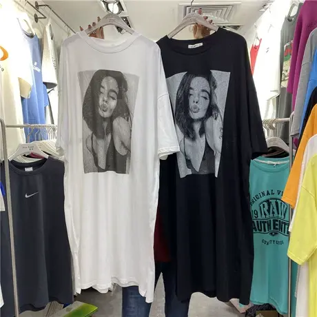 2021夏季新款韩版宽松少女头像印花开叉慵懒休闲短袖t恤女连衣裙商品大图