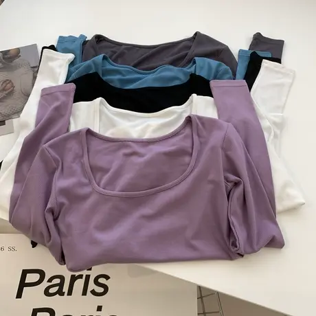 法式复古方领长袖t恤女 春秋弹力修身显瘦圆摆高腰短款打底衫上衣图片