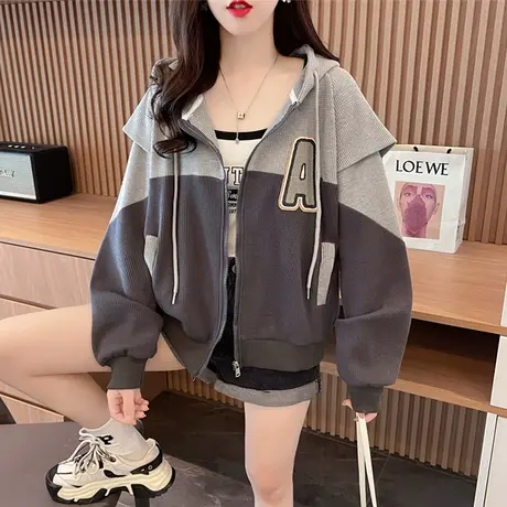 早秋小个子连帽卫衣女春秋韩版宽松薄款设计感撞色华夫格开衫外套商品大图