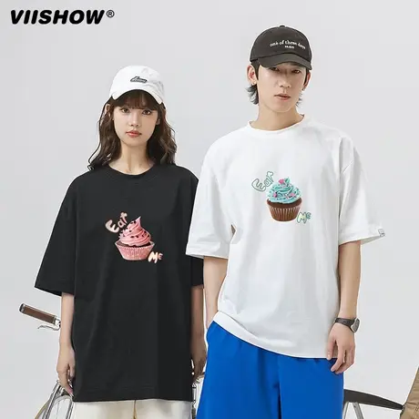 VIISHOW夏季新款日系纯棉重磅短袖T恤蛋糕印花男女潮牌情侣上衣图片