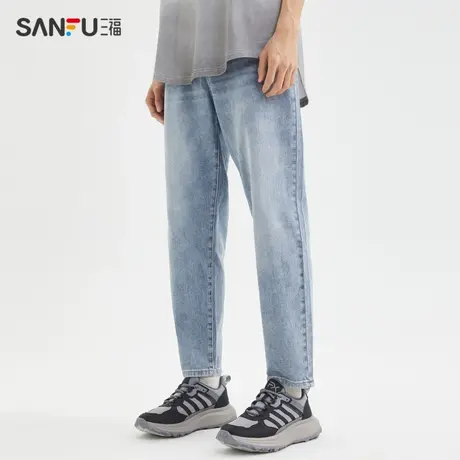三福直播秒杀2023夏男士复古洗水牛仔裤 街头潮酷宽松直筒长裤男商品大图