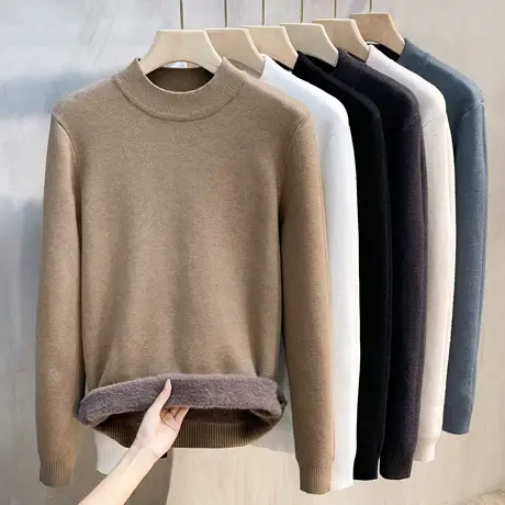 加绒一体绒男士打底衫半高领毛衣男秋冬休闲中领加厚保暖针织衫潮商品大图