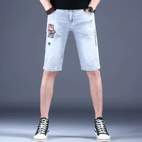 男士刺绣印花五分中裤高端牛仔短裤男款2023新款弹力潮牌潮流裤子商品大图