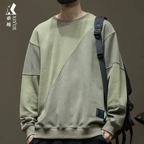 希越欧棉绒拼接休闲卫衣男秋季套头外套大码胖子简约加绒加厚男装图片