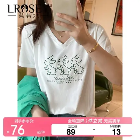 大女装2024夏季显瘦气质V领印花T恤微胖MM别致炸街休闲百搭上衣图片