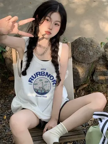 美式复古纯棉吊带运动坎肩背心无袖t恤女夏外穿宽松港风挂脖上衣商品大图
