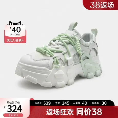 千百度女鞋春季新款绑带撞色小清新学院风糖果色百搭休闲老爹鞋女商品大图