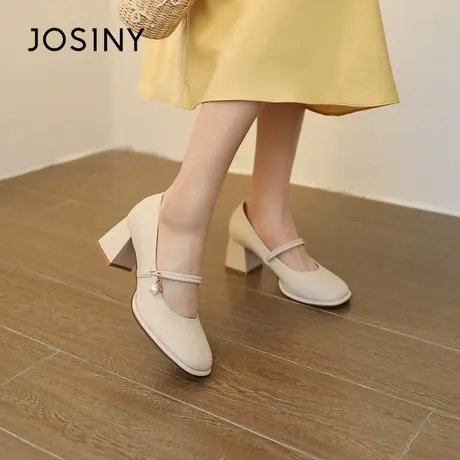 Josiny/卓诗尼高跟鞋2023秋季新款粗跟一字带不累脚玛丽珍女鞋子商品大图