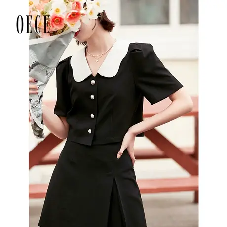 Oece设计感上衣夏装新款女装法式甜美撞色娃娃领泡泡短袖衬衫图片