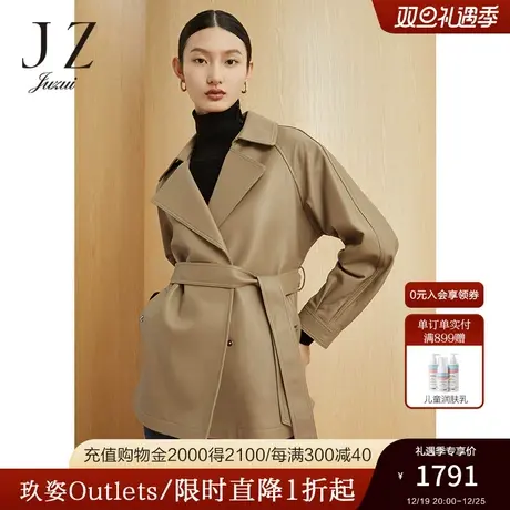 JZ玖姿官方奥莱轻松廓形皮风衣女装冬新款休闲系带绵羊皮外套图片