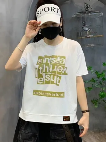 大码女装潮夏季新款t恤女宽松版遮肚子休闲百搭韩版设计感短袖衫图片