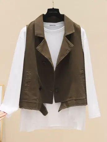 复古文艺纯色棉质马甲女春夏百搭休闲小个子坎肩拼接毛边短外套潮图片