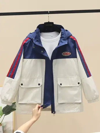 工装外套女春秋2023新款宽松大口袋运动拼接百搭撞色连帽夹克上衣图片