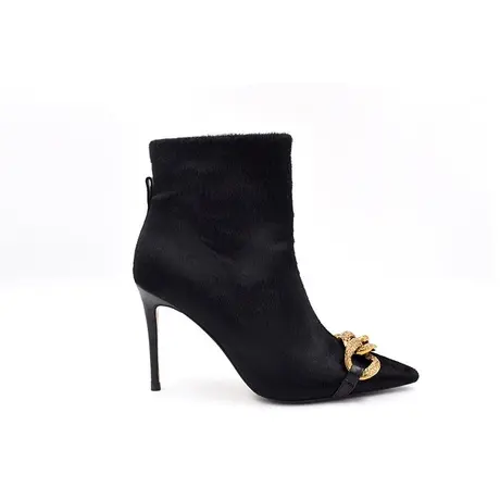 VME/舞魅黑色中高跟尖头细跟坡跟短靴2022新款秋冬烟筒瘦瘦靴子图片