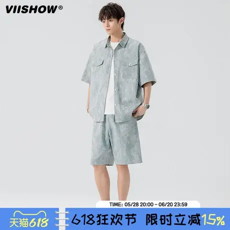 VIISHOW美式扎染工装衬衫男士夏季短袖衬衣薄款潮流翻领休闲衬衣图片