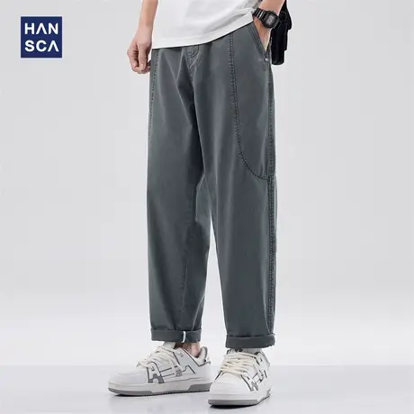 hansca灰色纯棉休闲裤男夏季薄款潮流透气宽松直筒垂感阔腿长裤子商品大图