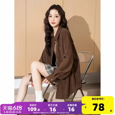 唐狮2025春秋新款灯芯绒衬衫女翻领小标休闲简约百搭女士长袖衬衫商品大图