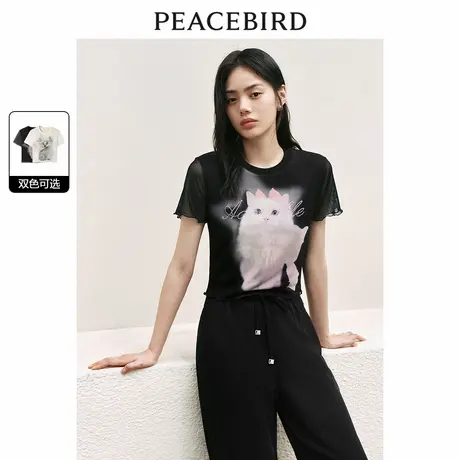 【昕怡粉丝专享】太平鸟动物印花网纱T恤女短袖夏新款修身短款透商品大图