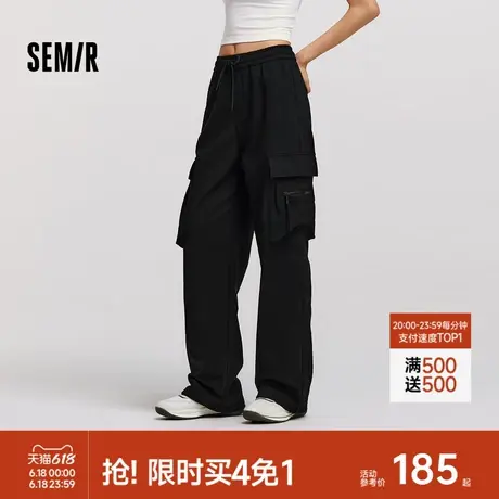 [商场同款]森马休闲裤女加绒阔腿裤黑色2024新款冬街头工装裤慵懒商品大图