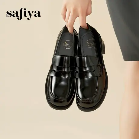 Safiya索菲娅乐福鞋女复古经典英伦风方头粗跟高跟一脚蹬便士单鞋图片